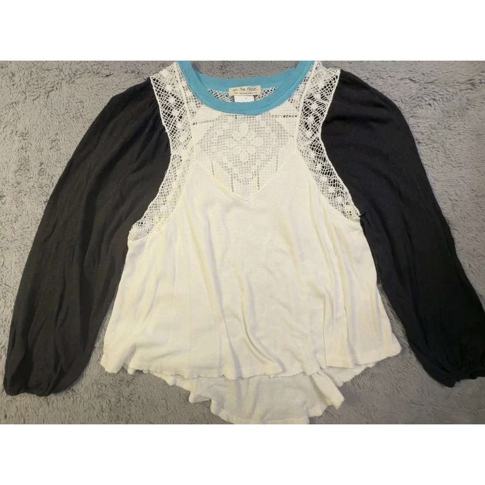 We The Free People Boho Lace Yoke Linen Swing Top Puff Sleeve Shirt Womens Small